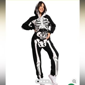 Maternity Tipsy Elves Skeleton Hooded Jumpsuit in Black and White
